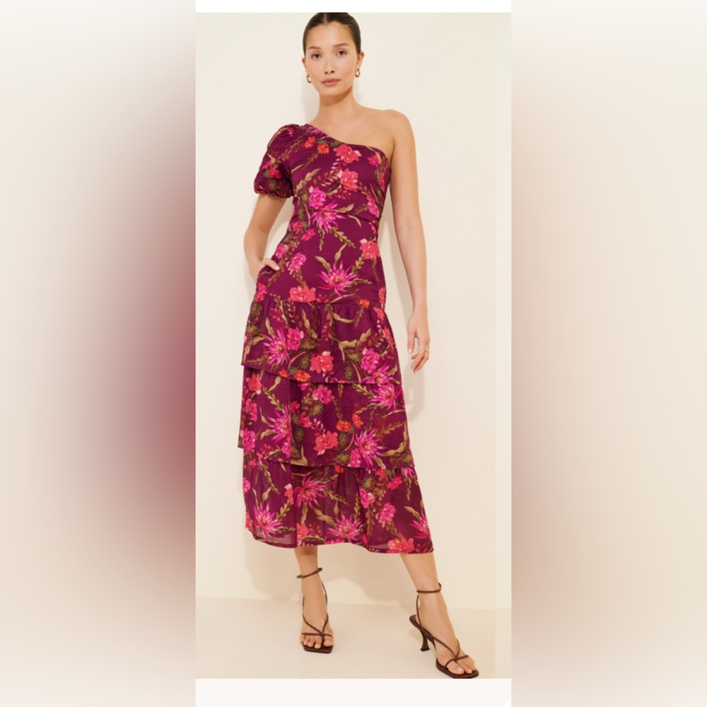 Banjanan Joya Tiered Dress Wine Floral $515 medium
